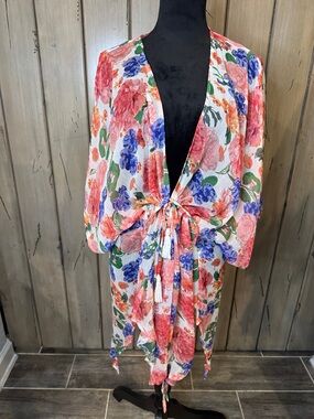 RACHEL Rachel Roy Floral Tie-Front Swim Coverup in White, Coral, Blue, Green